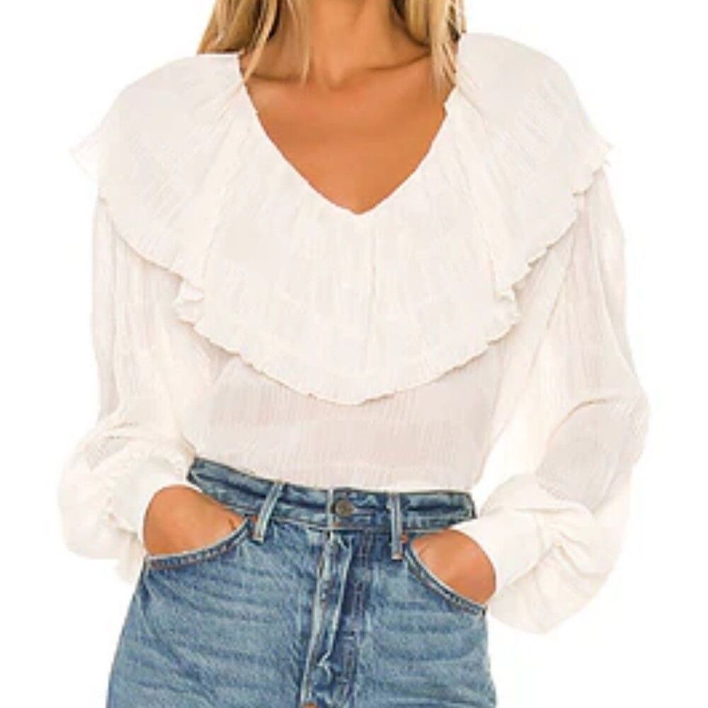 House of Harlow 1960 Cream Ruffled V-Neck Blouse